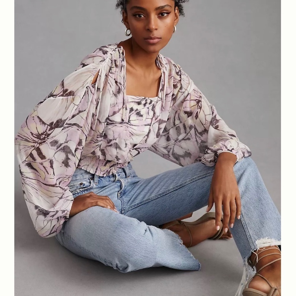 🆕 ANTHROPOLOGIE By Sheer Peasant Top Purple Motif Smocked Blouse - Picture 2 of 5